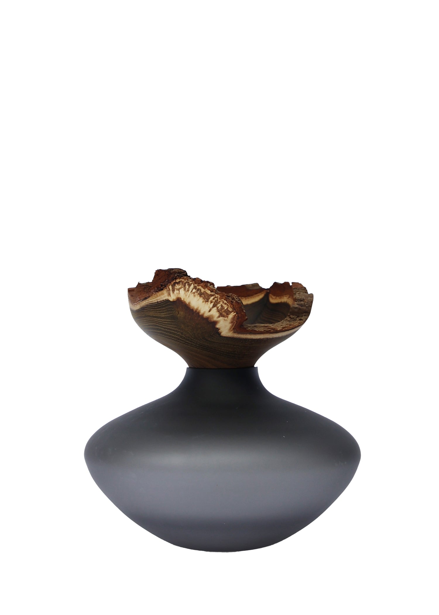 Bloom Stacking Vessel in Smoke Satin, showcasing a smooth, sophisticated design with a smoky finish and elegant stacking form.