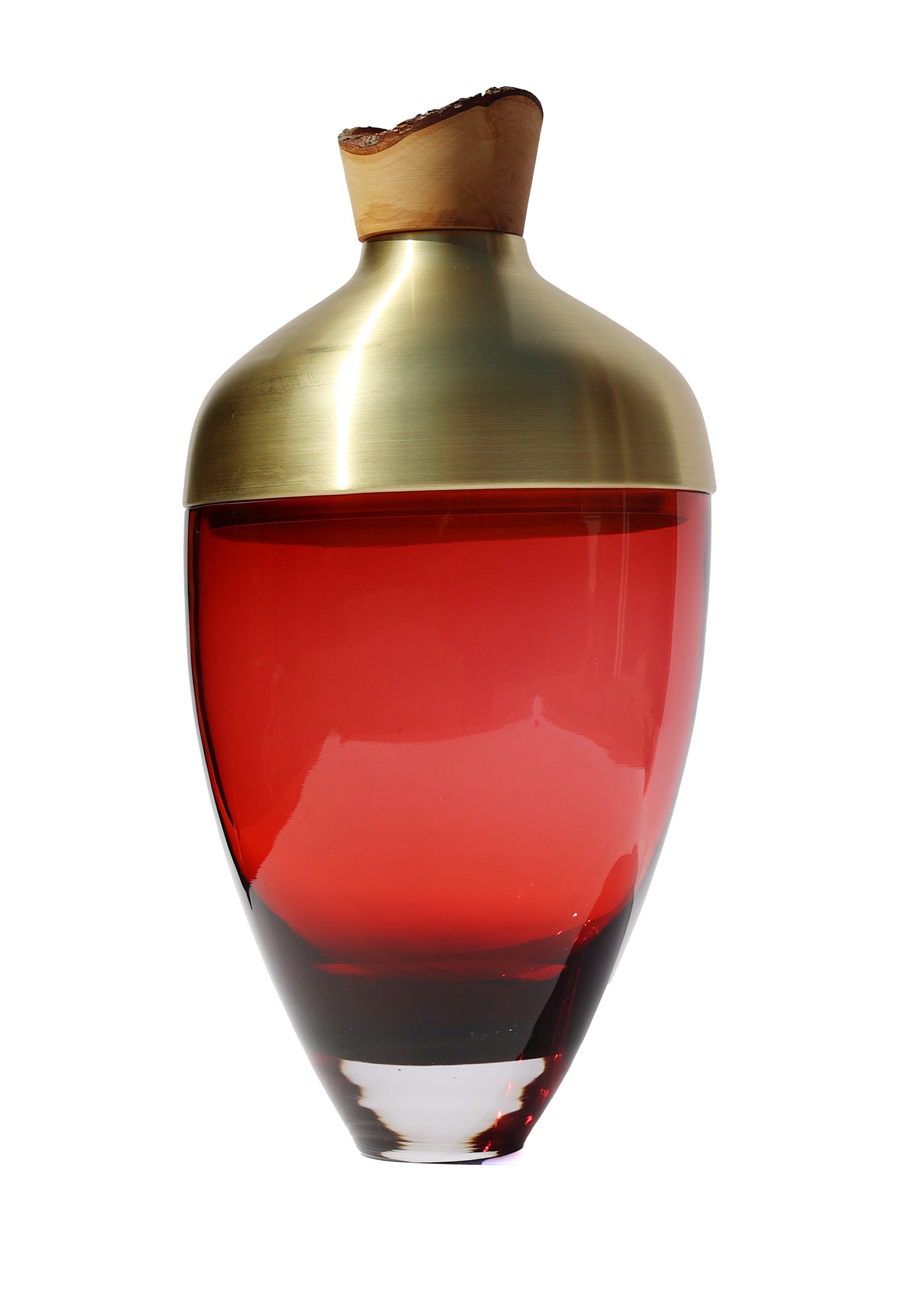 Nani Stacking Vessel in Red & Brass, combining bold red with a luxurious brass finish, creating a striking and elegant centerpiece for modern interiors.