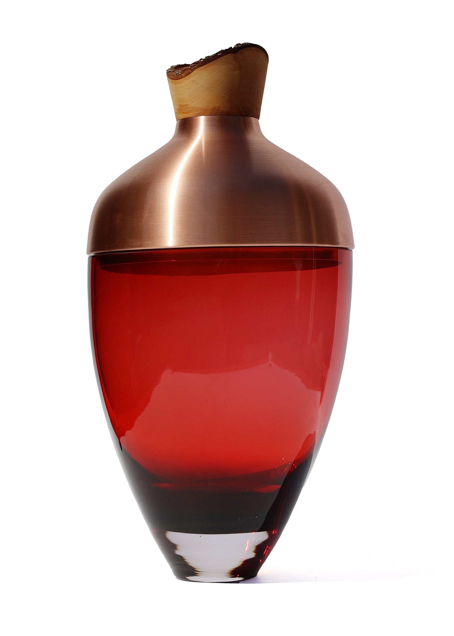 Nani Stacking Vessel in Red & Copper, offering a vibrant red color complemented by sleek copper accents, perfect for adding warmth and sophistication to any room.